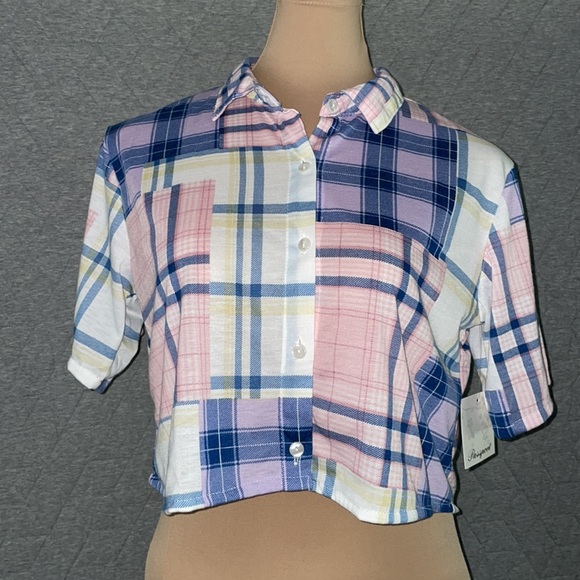 Passport cropped patchwork top size small short sleeve button down shirt NWT/ - Picture 2 of 12